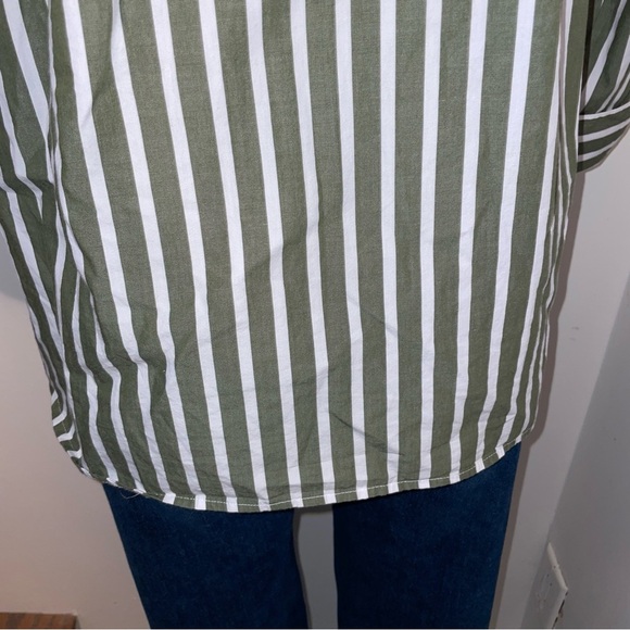 J Jill Button Down Shirt popover banded Mandarin collar cotton green stripe XS - Picture 8 of 10